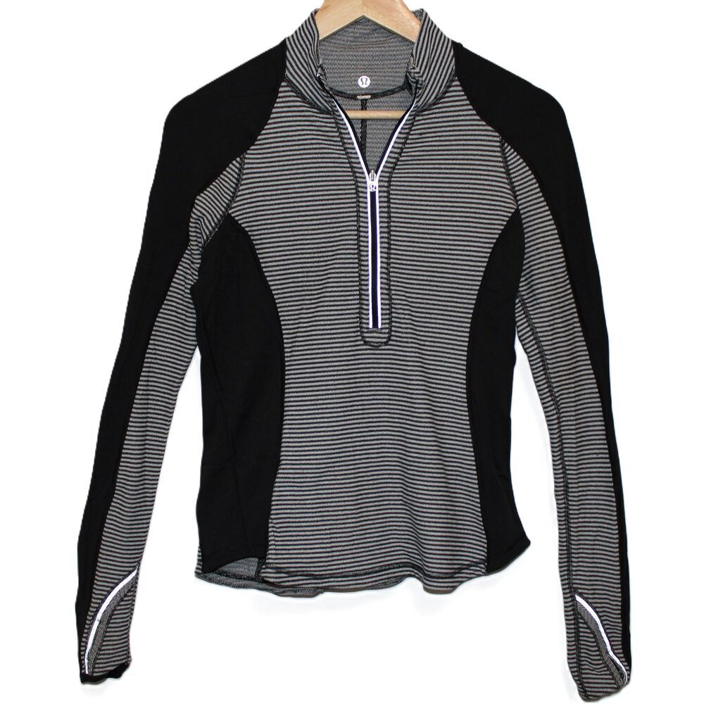 Womens Lululemon Run U-Turn Pullover Black Grey Striped Half Zip Jacket Size 6